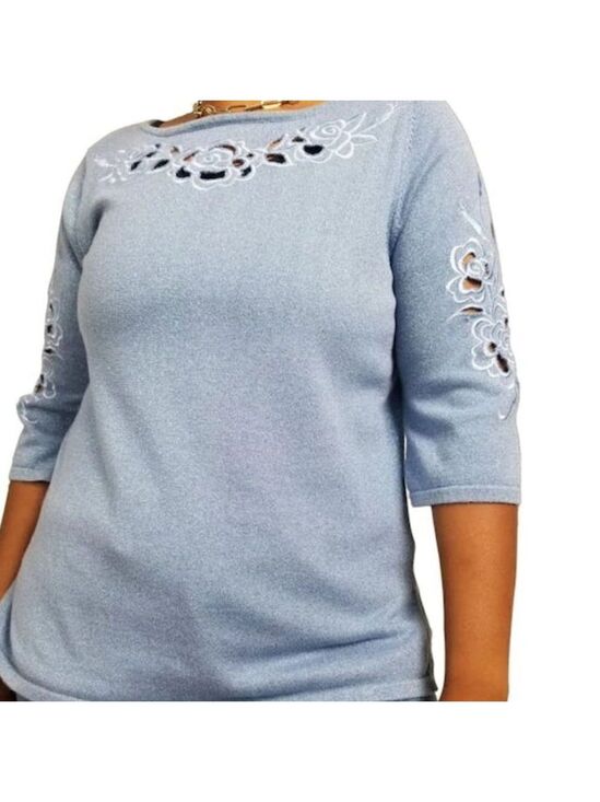 Bob Mackie Tops - Bob Mackie Floral Cut Out Embroidered Metallic Sweater Blue EUC SZ Small